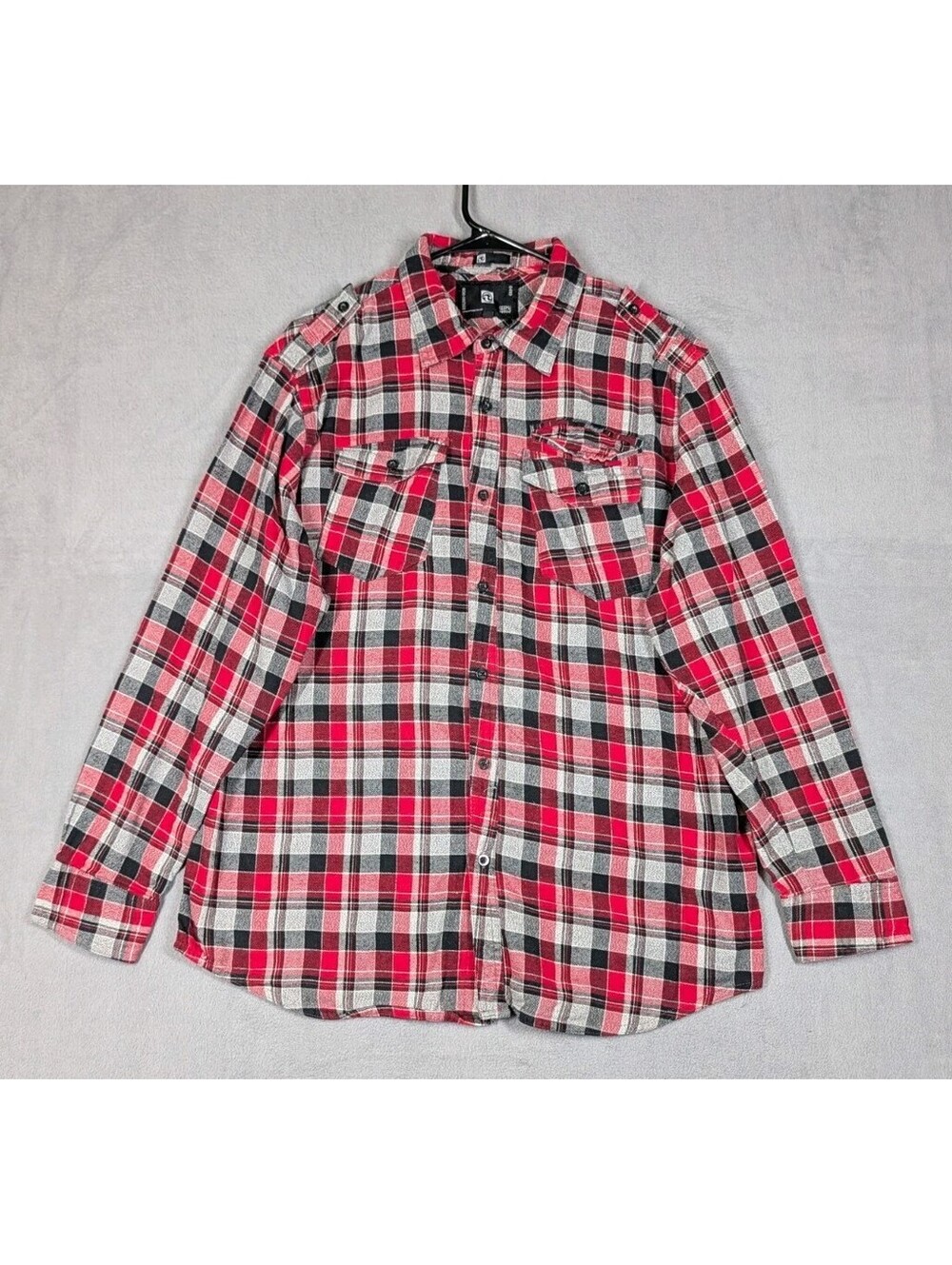 Ocean Current Mens L Red Black Plaid Flannel Shirt Button Up Grunge Workwear